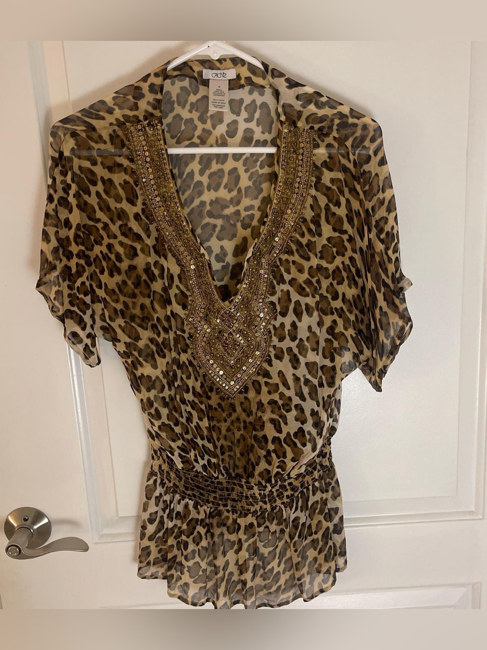 Cache Leopard Print Beaded V-Neck Blouse - Brown & Black